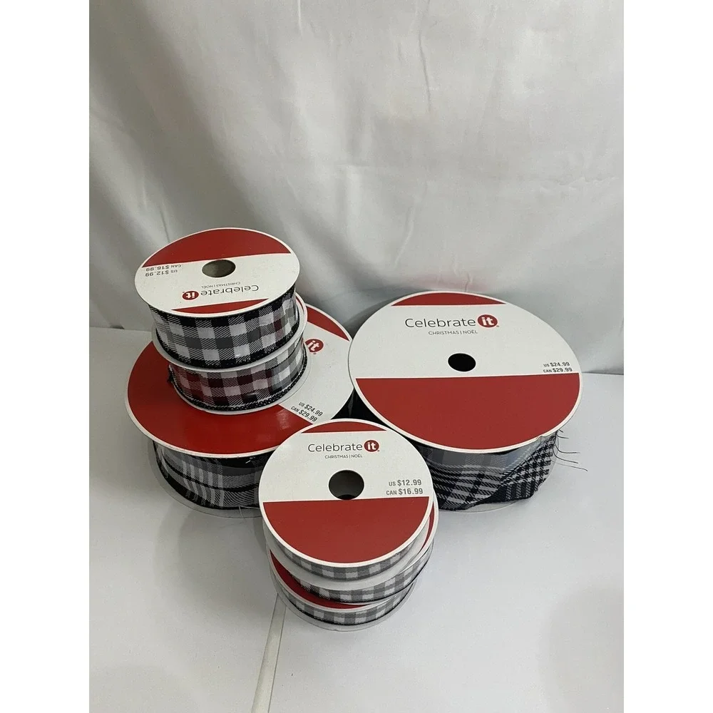 Buffalo Plaid Wired Ribbon Lot Christmas‎ Black White Craft Decor 7 Rolls